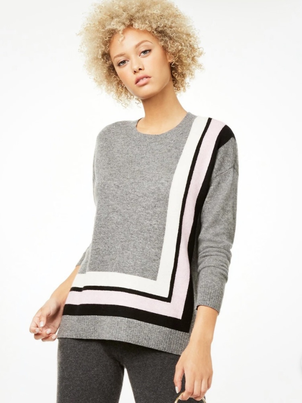 Charter Club Pure Cashmere Border Trim Sweater Gray Heather Pink Stripe Large